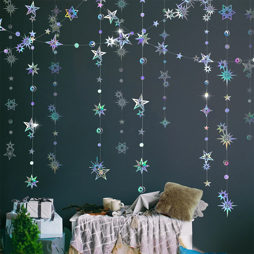 

Shiny Holographic Silver Christmas Party Glitter Star Garlands Decorations Starry Night Backdrop Sun Moon Hanging For Birthday