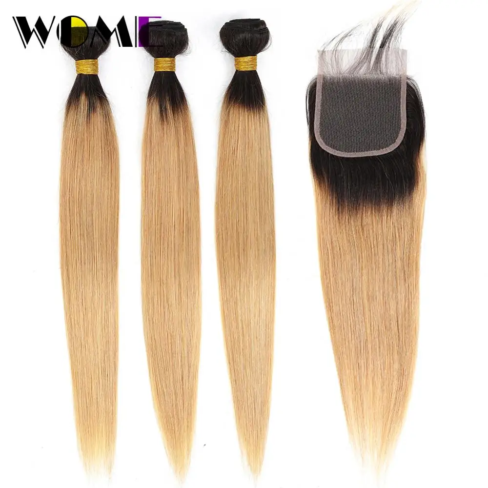 Wome предварительно цветные прямые волосы Омбре переплетения пучки с закрытием 1b/27