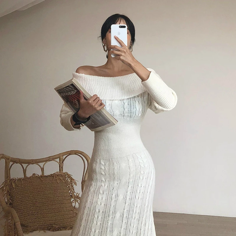 Женское однотонное вязаное платье свитер с длинным рукавом и вырезом лодочкой