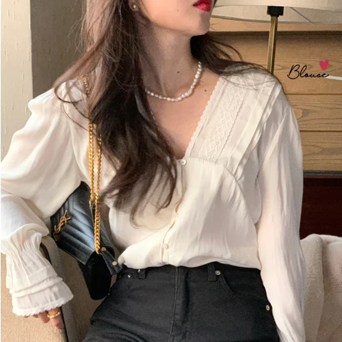 

Корейский шикарный Элегантный Женский приталенный универсальный топ с V-образным вырезом и кружевом на весну/лето