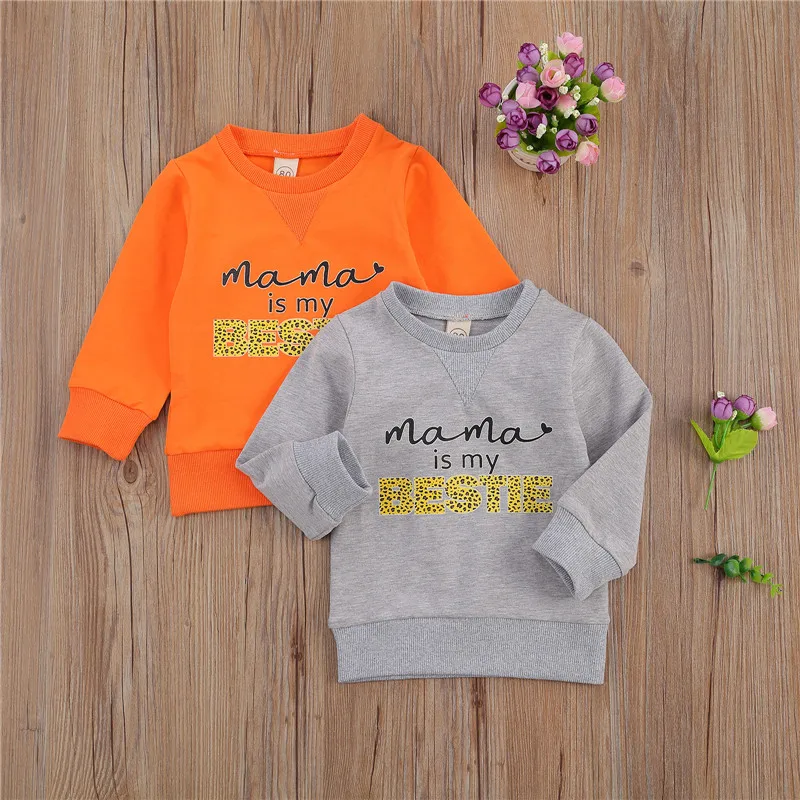 Infant Baby Casual Pullover Sweatshirt Long Sleeve Round Collar Letters Printed Pattern Top for Boys and Girls Grey/Orange 0-24M