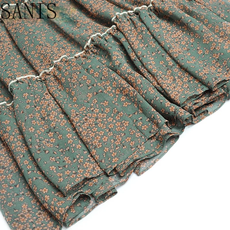 

Sanis Summer Fashion Runway Vacation Dress Elastic waist Women's Elegant Puff sleeve Floral print Vintage Chiffon Dress
