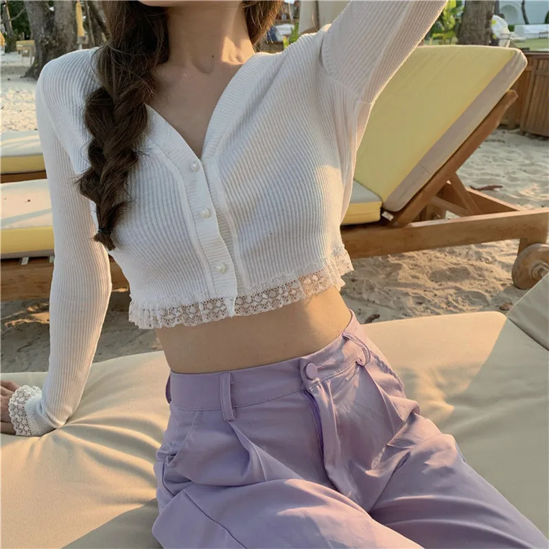 New Spring V-Neck Solid Color Cardigan Women Korean Casual Long Sleeve Ruched Crop Sweater Sun Protection Ropa Mujer