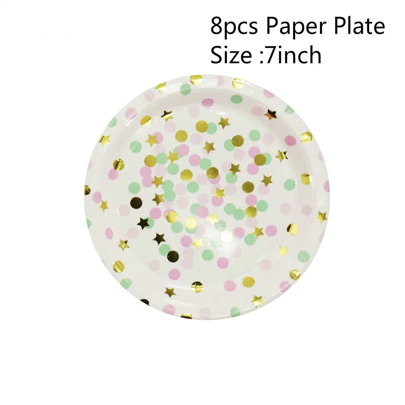 7inch Gold Pink Одноразовый Бумага пластины полосы Цвет День рождения тарелка для фруктов, пирожных лоток Бумага чашки салфетка посуда День рождения расходные материалы - Цвет: 7inch Gold Pink