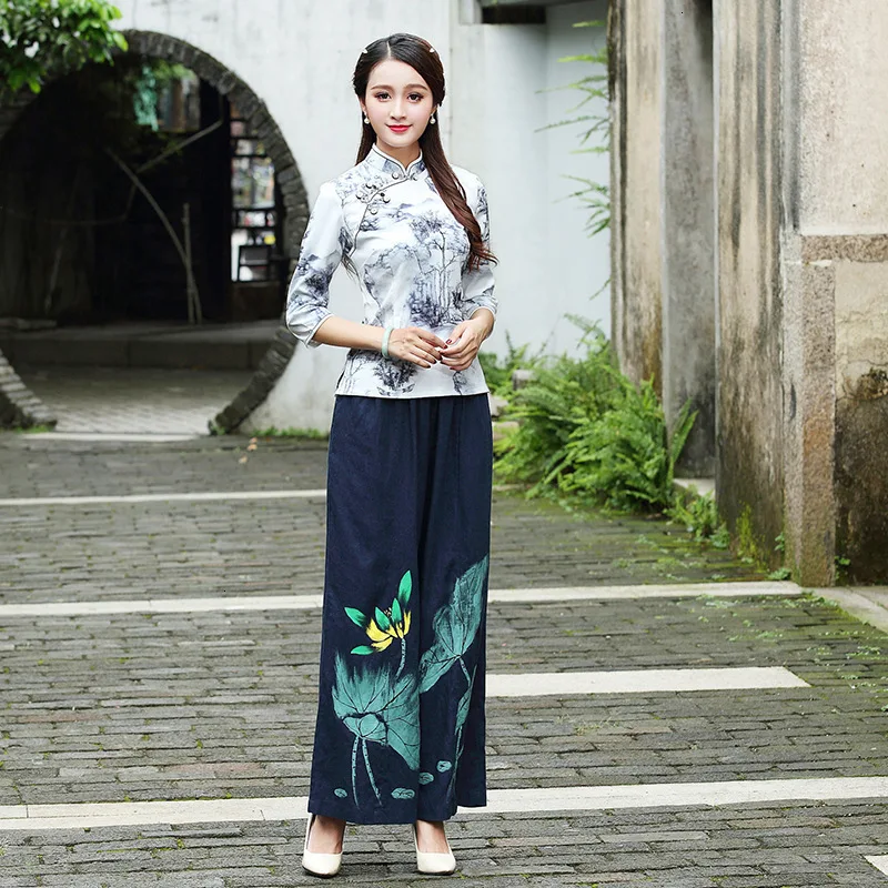 

Traditional Chinese Clothing Women Sets Blouse And Pants Sets Elasticity Qipao Suits Tops Chinese Costume 3XL