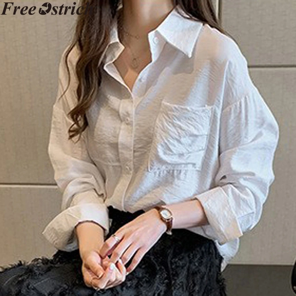 Женская офисная блузка с длинным рукавом однотонная свободная деловая белая