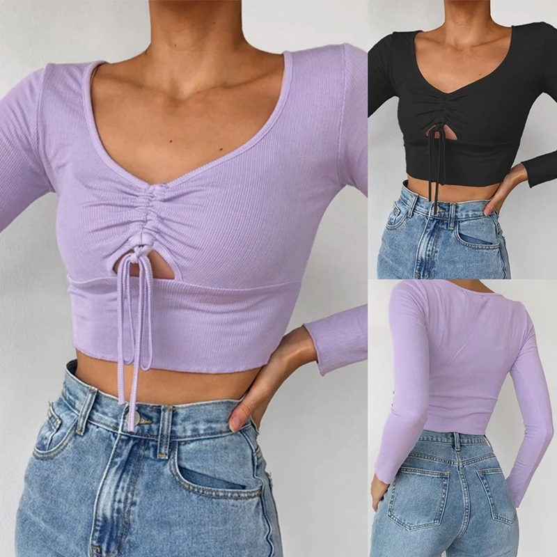 

Autumn Women Casual Knitted Long Sleeve T-Shirt Sexy V Neck Cut Out Drawstring Front Clothes