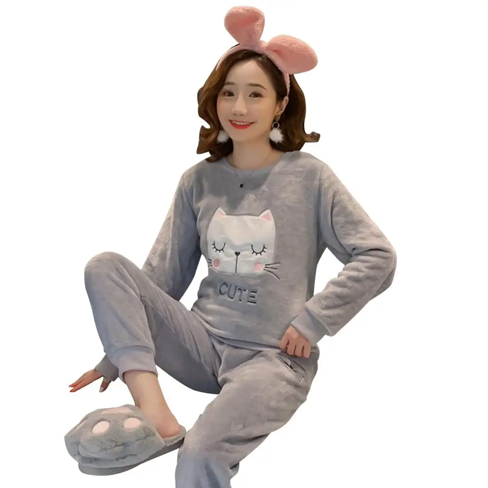 2pcs Autumn Winter Women Thin Flannel Women Pajama Set Pullover Thick Coral Velvet Long Sleeve Cartoon Homewear Dropshipping - Цвет: as picture