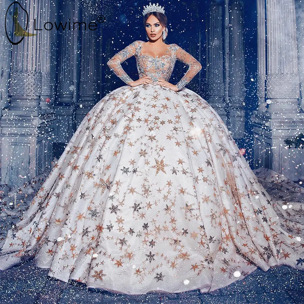

2020 бальное платье принцессы со звездами, блестящие свадебные платья с длинным рукавом и круглым вырезом, платье для невесты