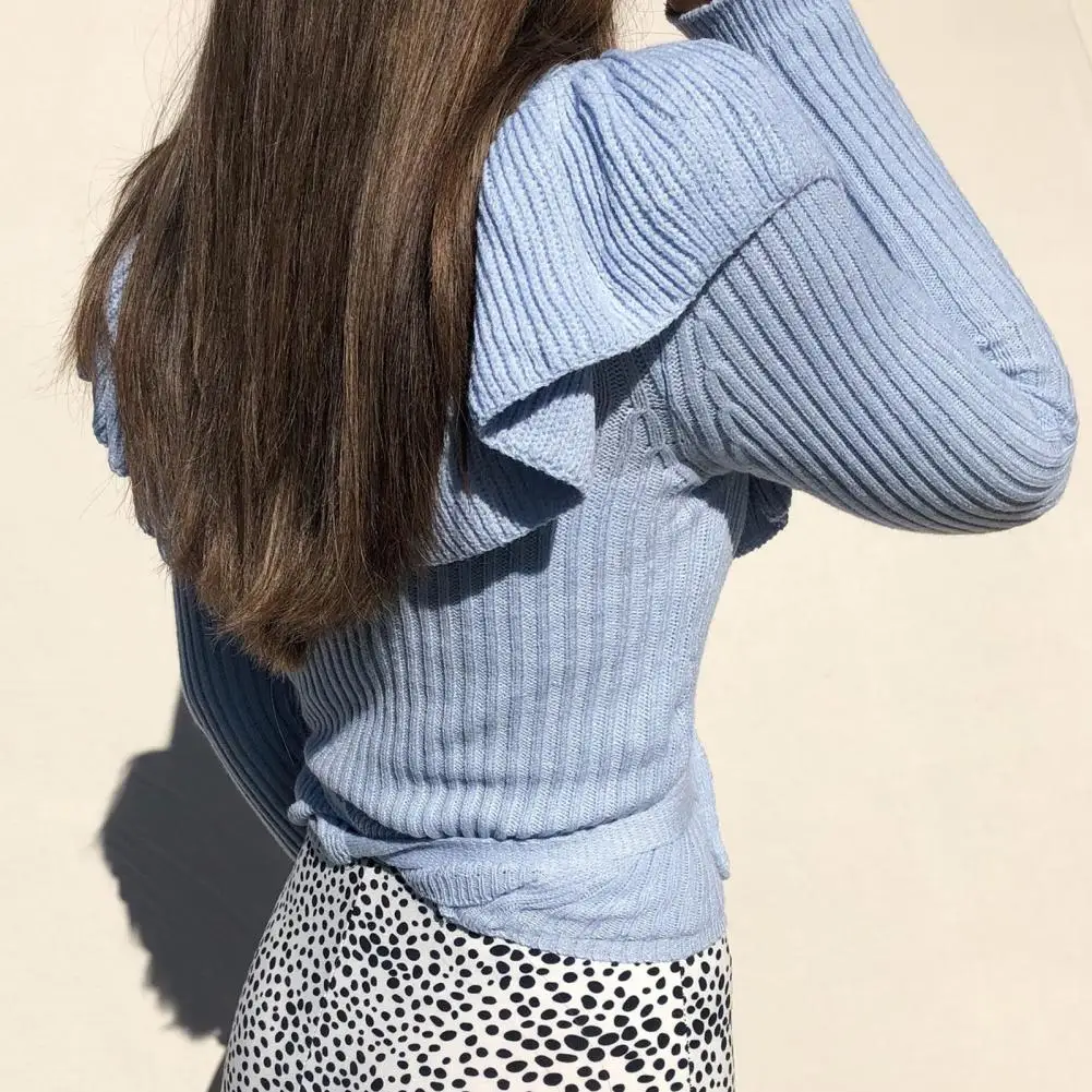 

Autumn Winter Women V Neck Long Sleeve Ruffles Knitted Sweater Bandage Pullover
