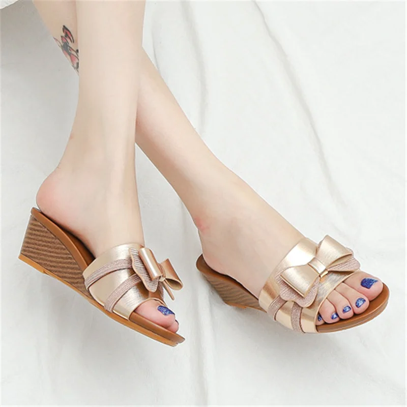 

2021 New Women 5cm Wedges Heels Slippers Summer Ladies Bohemian Style Fashion Sweet Butterfly-Knot Open Toe Beach Casual Sandals