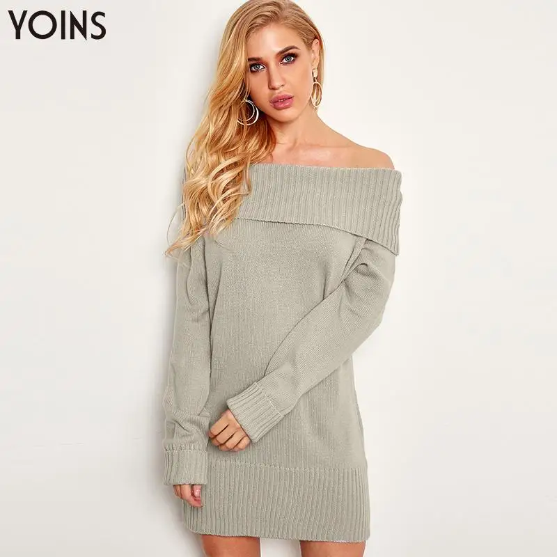 YOINS 2020 Autumn Winter Womens Dress Sweater Off The Shoulder Long Sleeves Mini Length Loose Casual Sexy Streetwear Grey | Женская