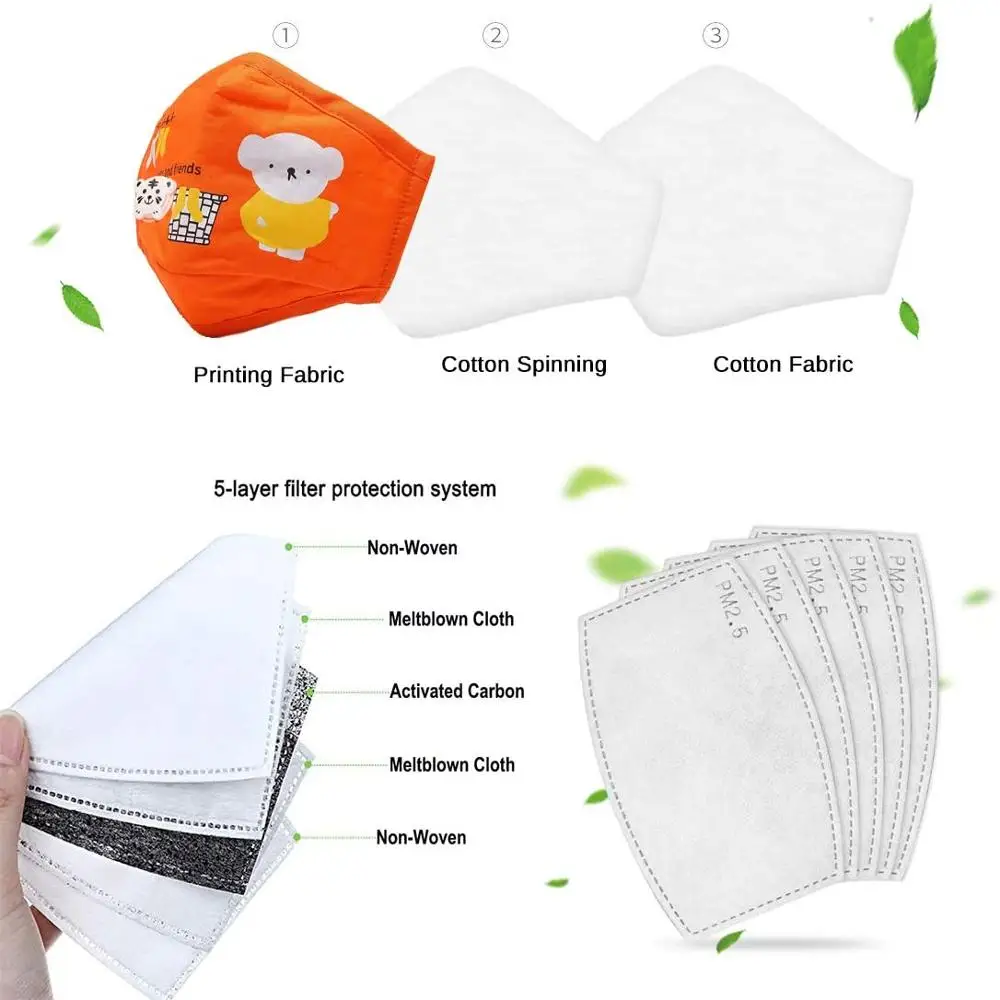 

6 Pack Kids Reusable Mouth Cover With 10 activated carbon filter, Cute Print Cotton Children Breathable Protection for Kids Scho