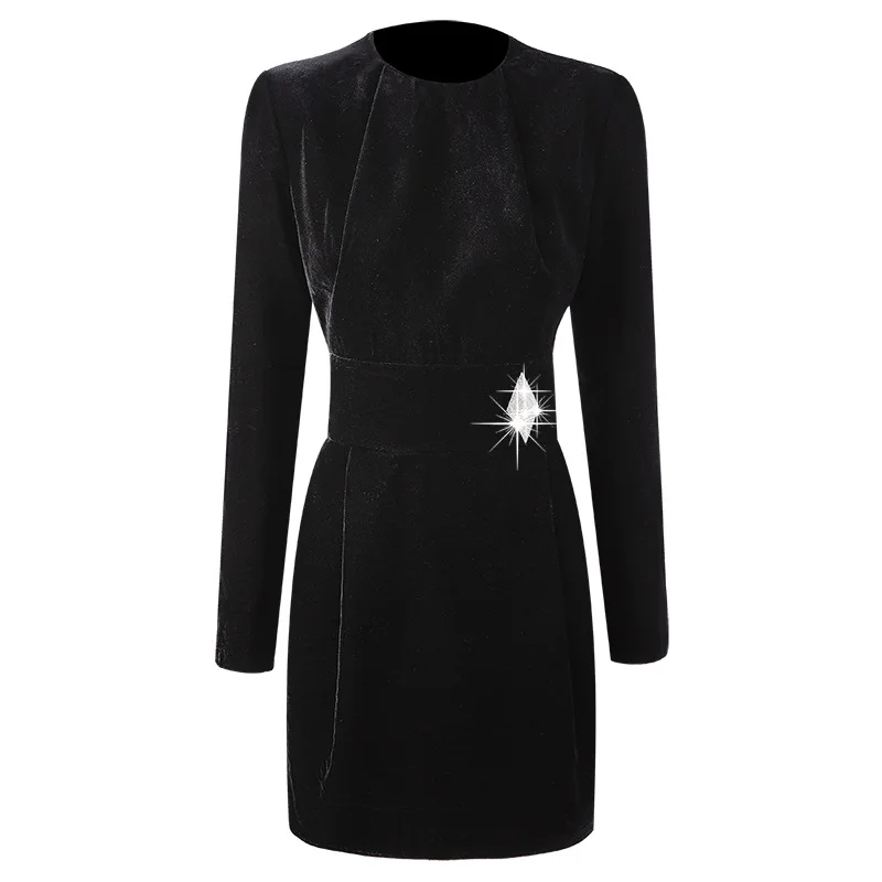 

Stylish Street Slim Mid-length Dress O-neck Long Sleeve High Waist Diamonds Black All-match Female Dress Ee61