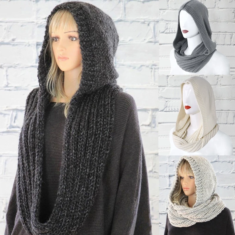 

Women Winter Crochet Knit Hood Infinity Scarf Outdoor Windproof Warm Long Shawl Wrap Solid Color Earflap Hat Neck Warmer