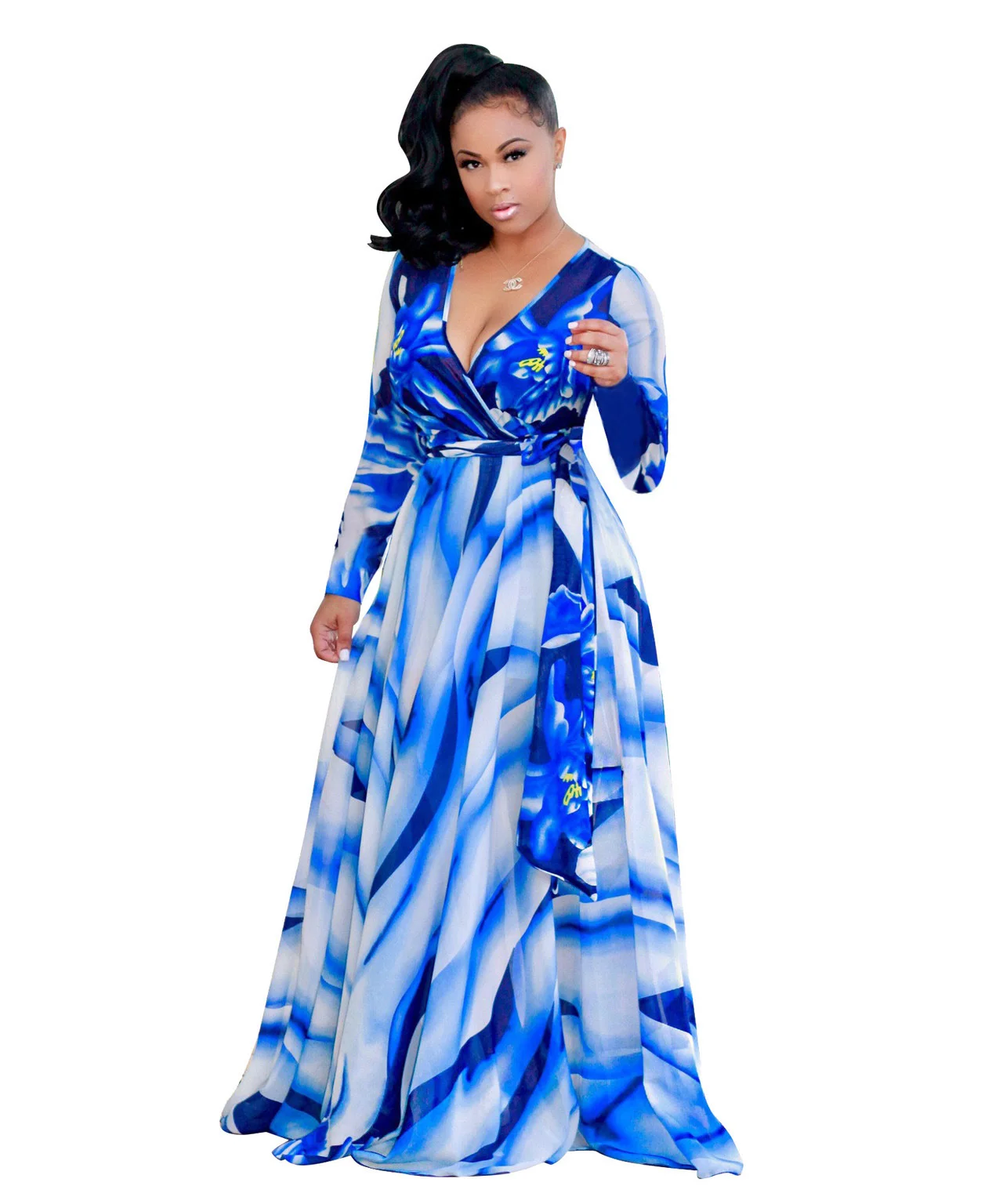 

Plus Size L-5XL Party Dresses Tie-Dye Print Sexy Club Dresses Deep V-neck Lace Up Long Sleeve Maxi Dresses For Women