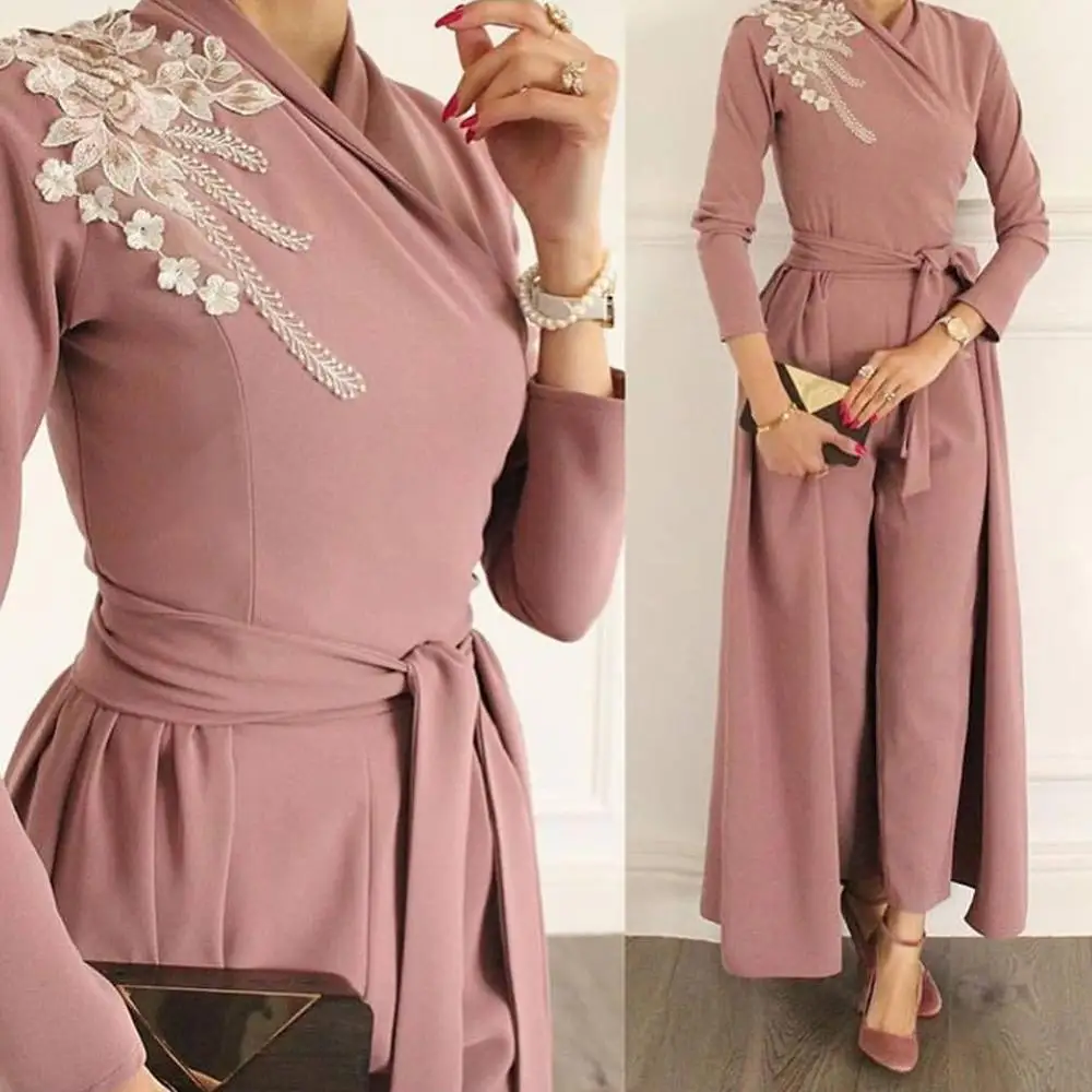 

SuperKimJo Robe De Soiree Dusty Pink Jumpsuits for Weddings 2020 Lace Applique Beaded Elegant Pants for Women Abendkleider