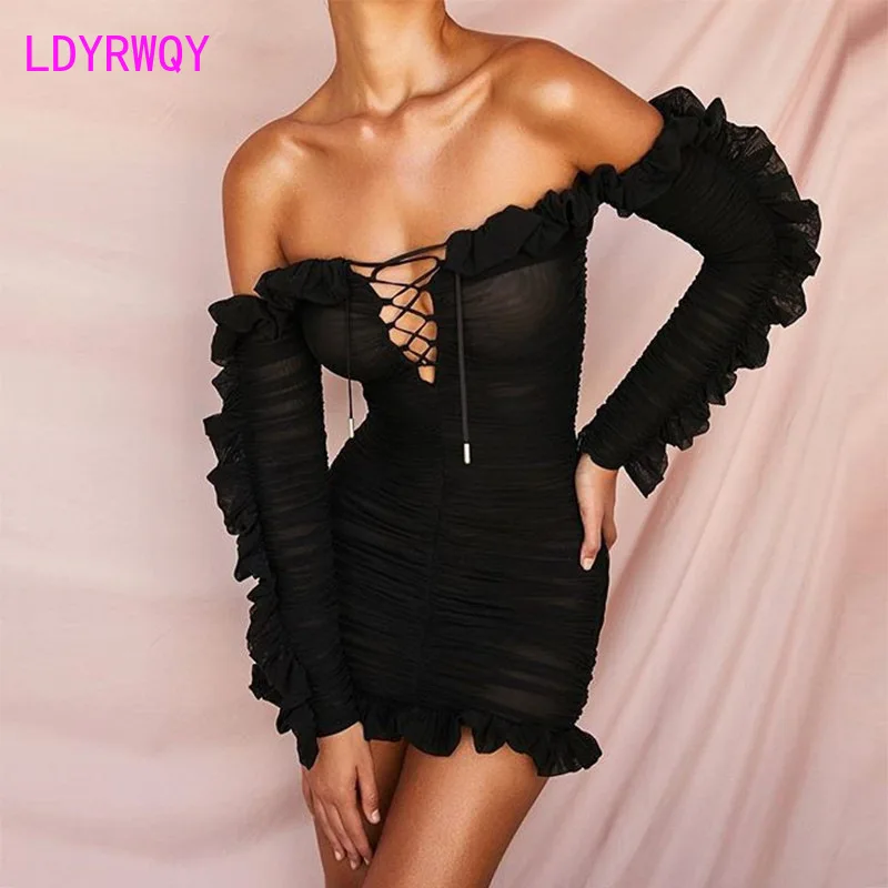 

European and American fashion new gauze flounces with long sleeves and deep V hollow tie dress