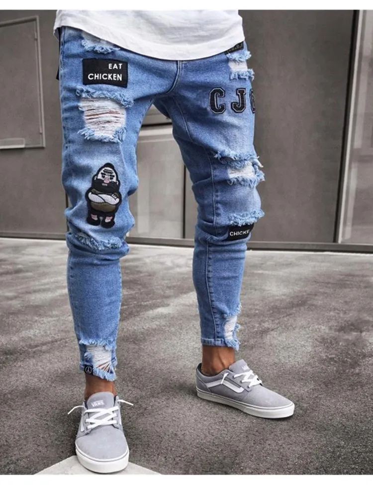 

Fashion Men's Broken Hole Embroidered Pencil Slim Men Trousers Casual Thin Denim Pants Classic Cowboys Young Man Jogging Pants