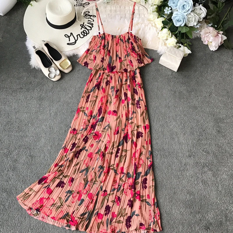 Women Summer Bohemian Jumpsuit 2020 Ankle-Length Holiday Chiffon Ruffles Spaghetti Strap Beach Style Print Jumpsuits Rompers
