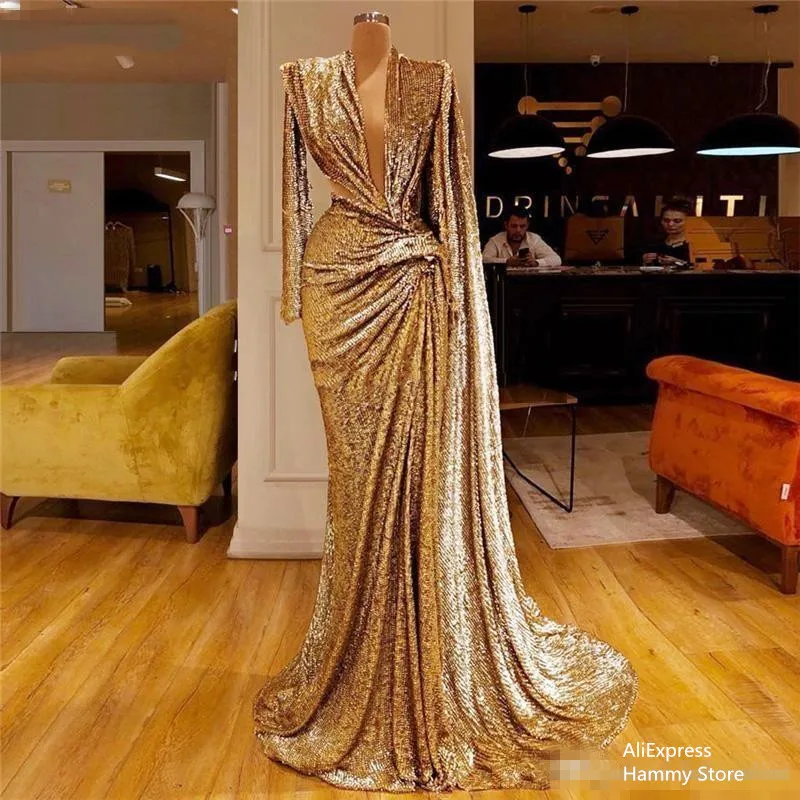

2021 Sparkly Sequined Gold Evening Dresses With Deep V Neck Pleats Long Sleeves Mermaid Prom Dubai African Party Gown