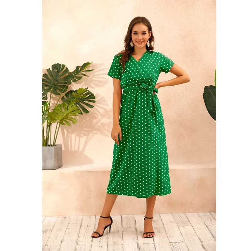 

2021 Summer Fashion Sexy V Neck Short Sleeve Women's Split Dress Bohemia Casual Belt Empire Polka Dot Print Ladies Dress