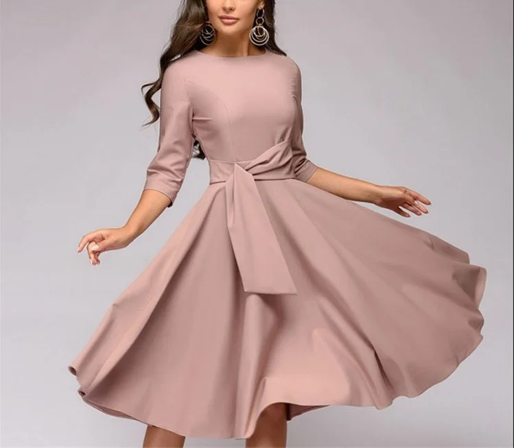 Женское платье-миди с круглым вырезом рукавом 2019 и поясом | Женская одежда