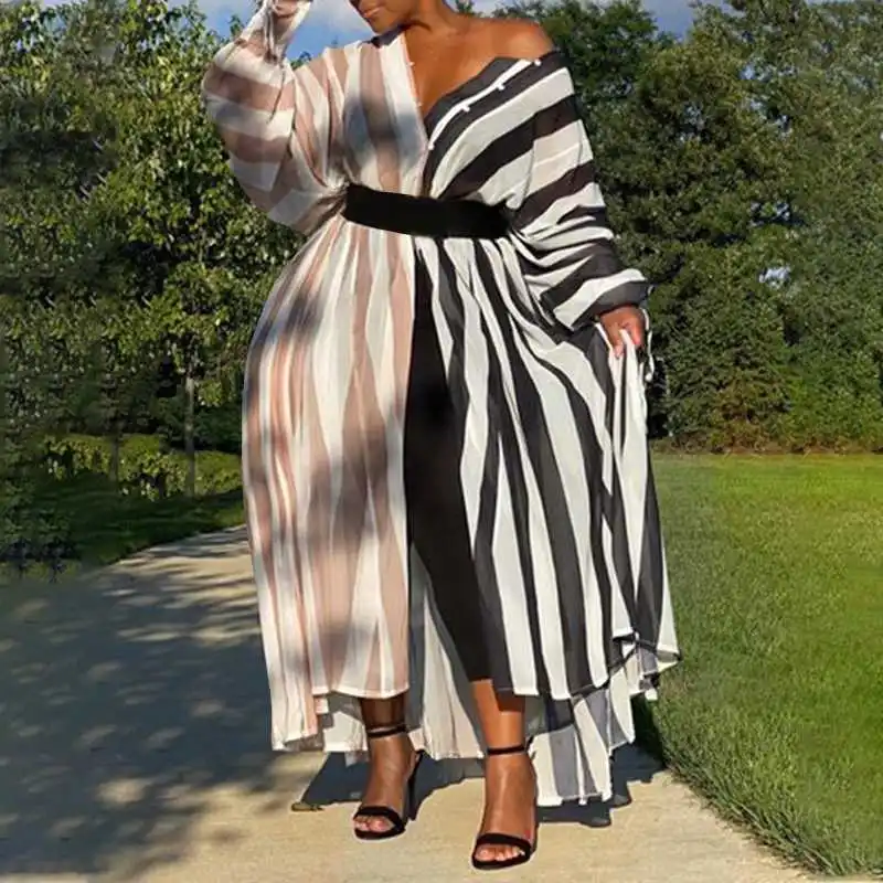

Women Shirts Dress VONDA 2021 Summer Long Maxi Dresses Sexy V Neck Striped Long Sleeve Pleated Sundress Femme Vestidos Oversized