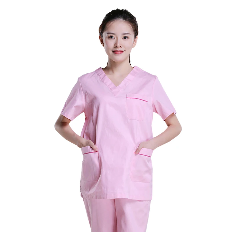 pink top Женская мода с коротким рукавом скраб-топ из чистого хлопка медицинская Униформа Классическая рубашка с v-образным вырезом аптека доктор уход Рабочая одежда - Цвет: pink top