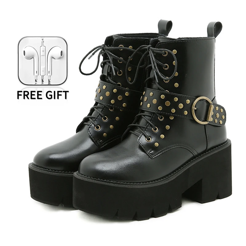 

Женские ботинки из искусственной кожи, зимние ботинки Martin Botas, женская обувь, модные европейско-американские модные ботильоны на толстой по...