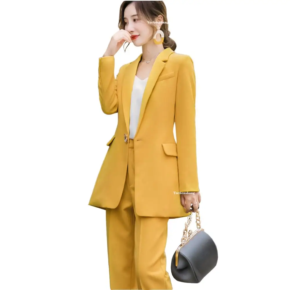 

Women Girl Casual Yellow Pant Suit 2020 New Fall Autumn Winter Spring 2 Piece Set One Button Long Blazer Jacket and Pant
