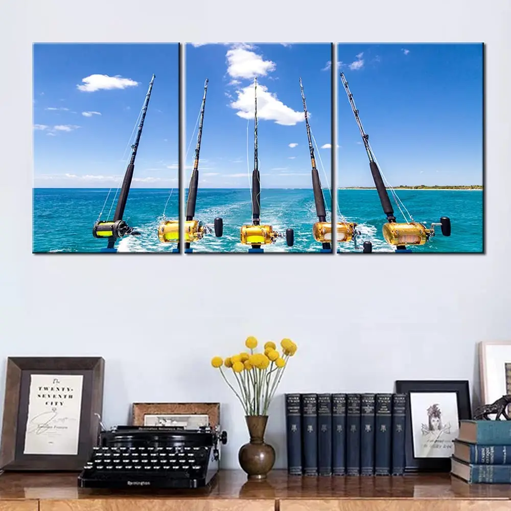 

3 Pieces Blue Seascape View Fishing Rods Posters Pictures Canvas Wall Art Bathroom Home Decor Paintings Living Room Decoration