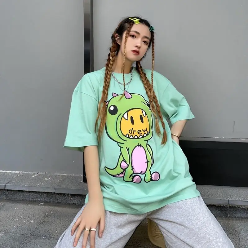 

smiling dr1w face little dinosaur short-sleeved T-shirt for men and women couples FOG high street loose tide pure cotton