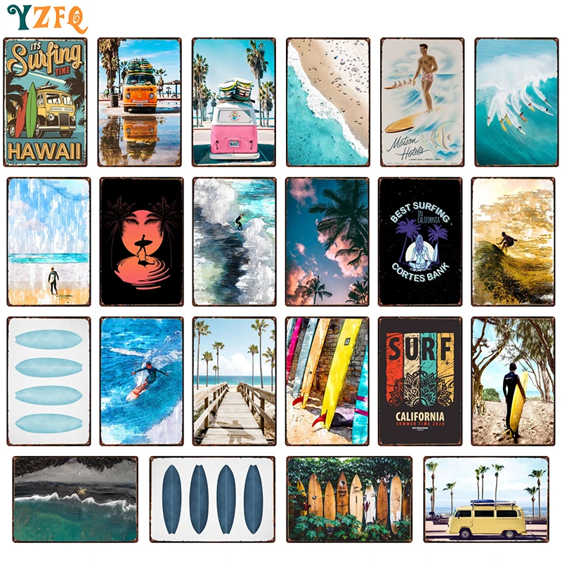 

Американский Гавайский ВИНТАЖНЫЙ ПЛАКАТ для серфинга, металлический жестяной знак, персонализированные декоративные таблички для гостино...