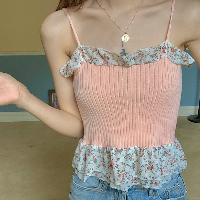 Летние милые женские майки Лоскутные Цветочные оборки Тонкий Фитнес шикарные
