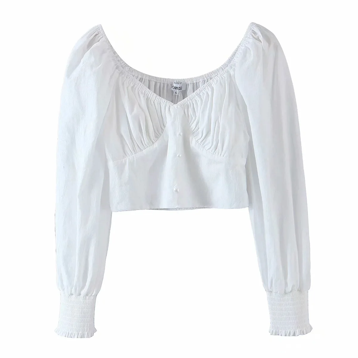 

TVVOVVIN Fashion French Vintage Sweet Pearl Short Shirt Female Solid Color Slim Long Sleeve Open Navel Blouse OJKO