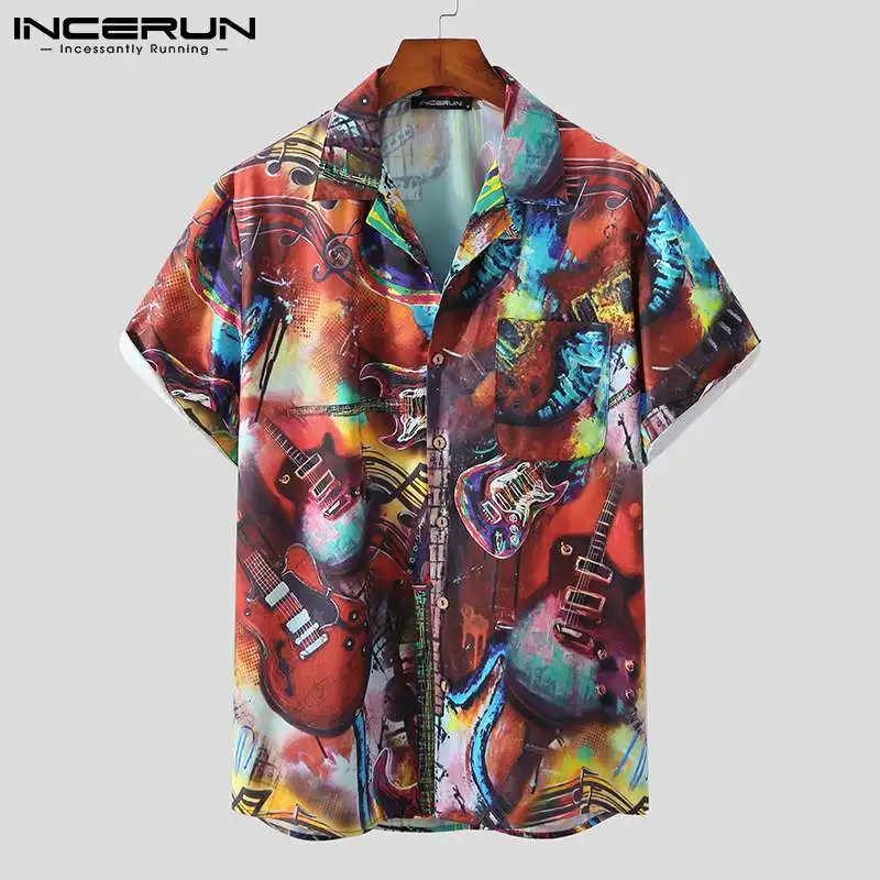 

INCERUN 2021 Men Printed Shirt Lapel Short Sleeve Breathable Streetwear Casual Hawaiian Shirts Summer Button Camisa Masculina
