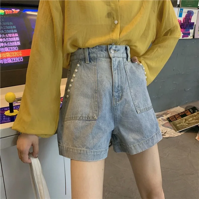 

Shorts Women Summer New Korean Version Beaded Denim Shorts Women Fashion Casual High Waist Wide-Leg Shorts