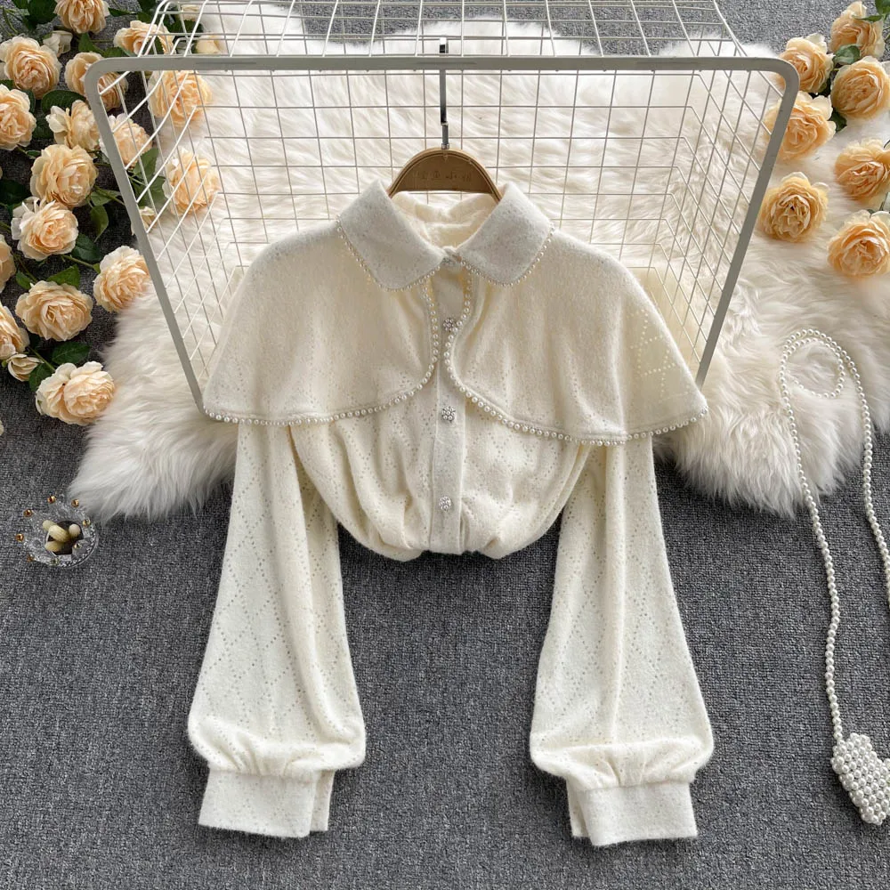 

C634 Women New Fashion Autumn Retro Palace Beaded Shirt Loose Top Mujer Single Breasted Long Sleeve Shirts Blouse
