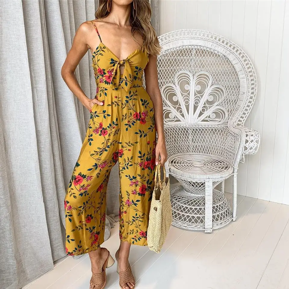 

Boho Floral Women Sexy Jumpsuit Off Shoulder Beach Jumpsuit Sexy Bow V Neck Street Wear Backless Jumpsiut Romper Long Trousers
