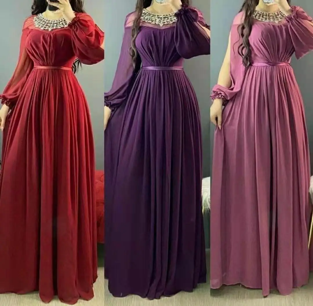 

Женское шифоновое платье с длинным рукавом, красное плиссированное платье для выпускного вечера с карманами, украшенное бусинами, пыльно-розового цвета