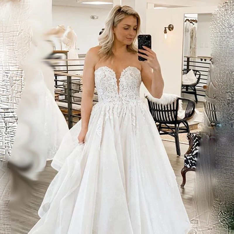 

Appliques Lace Wedding Dresses Sweetheart Tulle A Line Floor Length Dress Bridal Gowns Formal Plus Size Vestidos De Novia 2020