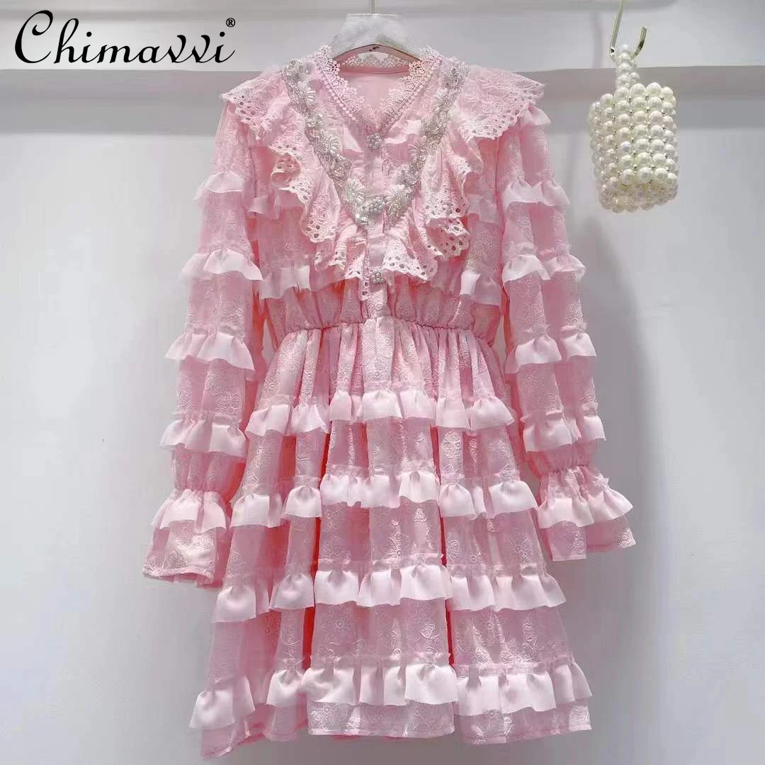 

Women's Dress New 2021 Winter Korean Fashion Sweet Elegant Beaded Ruffled Stitching Dresses High Waist Slimming Fairy Cake Dress