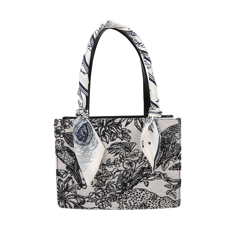 

BEN BALLER Women Large Capacity Cotton Linen Tote Bags 2021 New Pearl Handbag Shoulder Bag Canvas Graffiti Silk Scarf Square Bag
