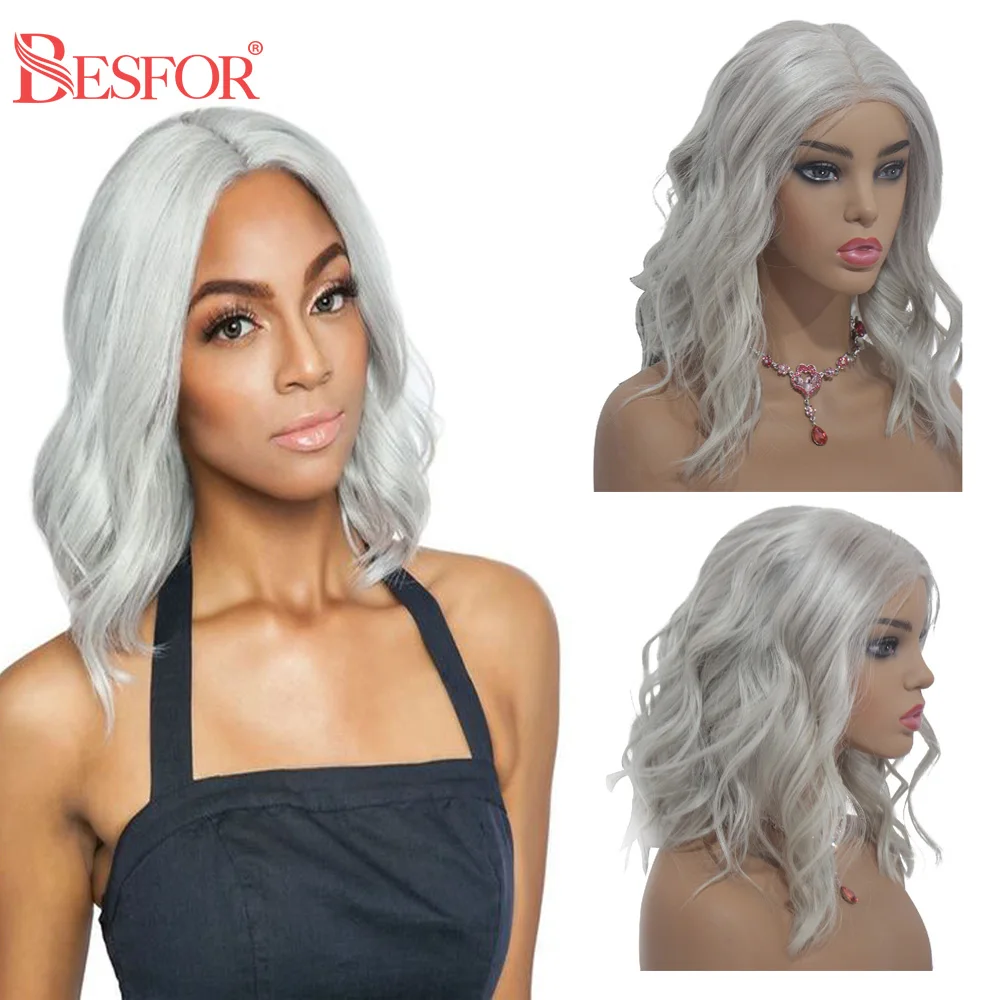 Парик BESFOR 1B Grey Boday Bob Ombre 13x4 парики из человеческих волос на сетке спереди