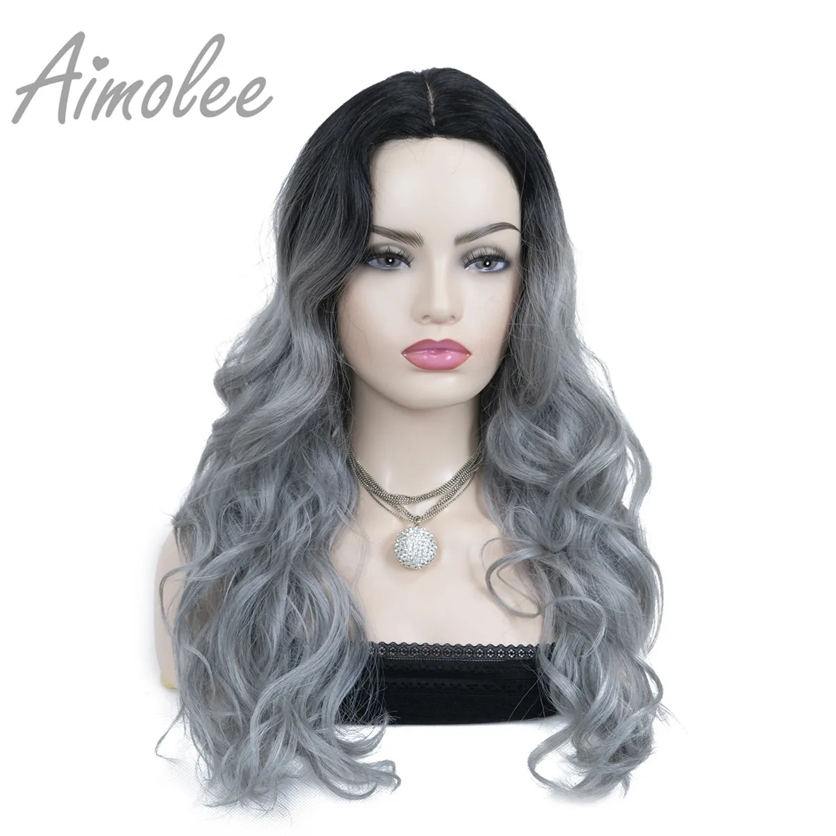 Aimolee Women's Ombre Wigs Hair grey blue Color Synthetic Natural Long Curly  Part lace Wig Wigs for women