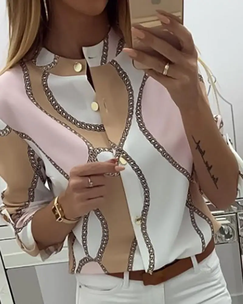 Регулируемый рукав цепи Печать кнопка дизайн офисная блузка Осень для женщин