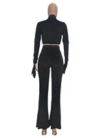 Sparkly Rhinestones Sexy Two Piece Sets Women 2021 Autumn Turtleneck Long Sleeve Crop Top and Flare Bell Bottom Pant Sweatsuits