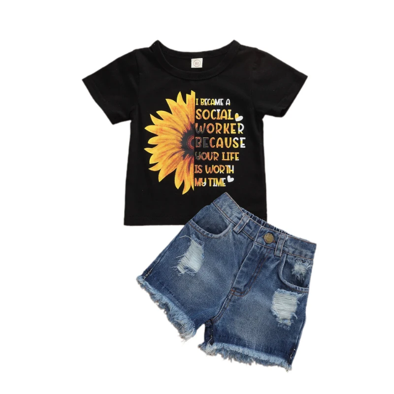 

Baby Girl Short Sleeve Fashion Summer Toddler Kid Baby Girl Sunflower Tops T-shirt + Jeans Shorts Pants Outfits 0-6 Years