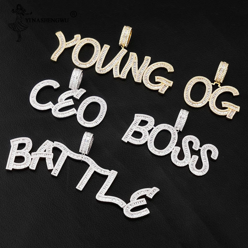 Пользовательское имя багет Алфавит буквы подвеска Хип хоп ожерелья цепь золото